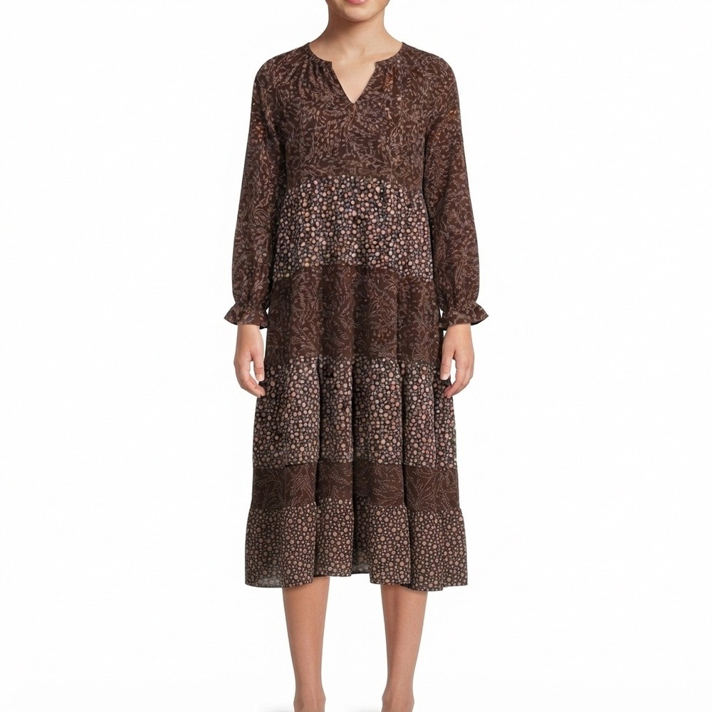 Hayden Dress Girls XL Brown Floral Tiered Midi Long Sleeve Cottagecore Smocked